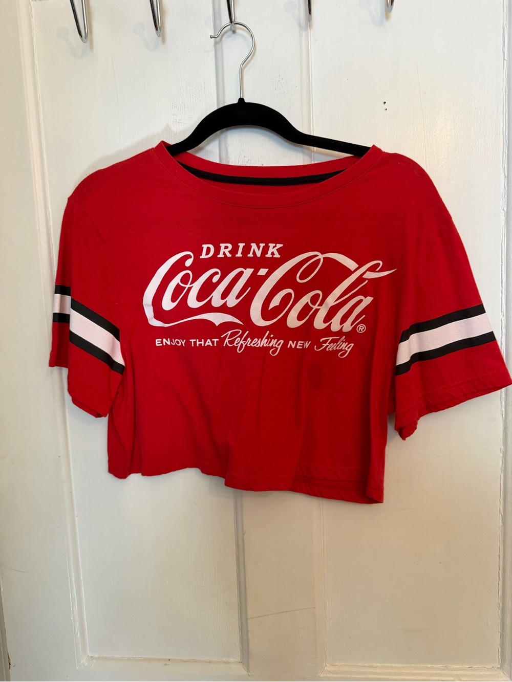Coca Cola Red Cropped Logo Tee with Black & White Sleeve Stripes
